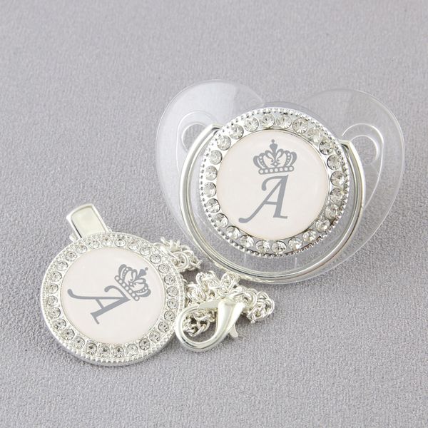 Bébé Teethers Jouets De Luxe Argent Couronne 26 Nom Lettre Initiale Transparent Sucette Chaîne Clip né Infant Soother Orthodontic 230421