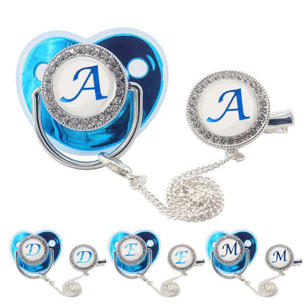 Les jouets de dents de bébé nomment des lettres initiales Pacificier avec des clips couvertes bleues Luxury Born Boys Silicone Mélose Douche 230421