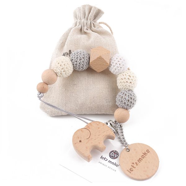 Bébé Teethers Jouets Sucette Chaîne Éléphant Clip En Bois Géométrique Crochet Perles Sac Bois Dentition Minuscule Tige Factice Clips Titulaire 230421