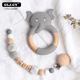 Baby Bijtringen Speelgoed Personaliseer Naam Fopspeen Clips Olifanten Schapen Siliconen Bijtring Houten Ring BPA Verpleging Kauwbare Rammelaar Kerstcadeau 230727