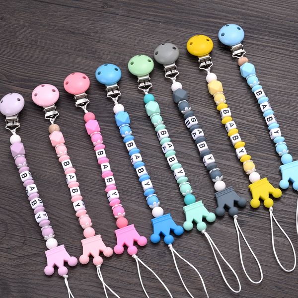 Jouets de dentition pour bébés Jouets Nom personnalisé Attaches-sucette Chaînes en silicone À la main Toddler Teether Chaîne de dentition Mamelon Clip Chew 230421