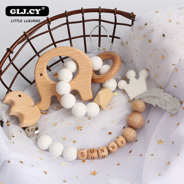 Jouets de dentition pour bébé Hochets personnalisés Set Animal Elk Amigurumi Elephant Teether Attache-sucette en bois ChainBPA Free Nursing 230202