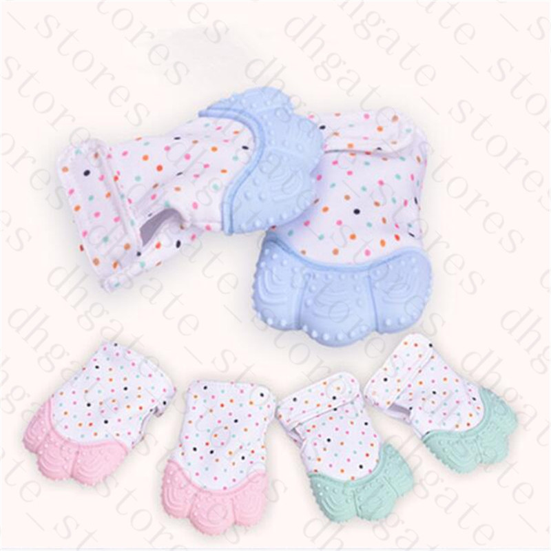 Baby Teething Glove Mitt Silicone Teether Mitten 3 månader + Candy Gel Wrapping Lound Teethers Matkvalitet Spädbarn Kids Chew Dummy Leksaker LY629