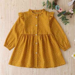 Baby / peuter polka dots gegolfd gele lange mouwen jurk 210528
