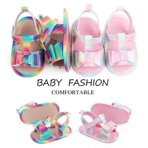 Sandales d'été pour bébés filles, bout ouvert, semelle souple antidérapante, sandales de princesse plates avec nœud papillon, chaussures de couleur arc-en-ciel pour nourrissons