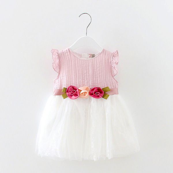 Bebé niños pequeños vestidos infantiles volantes niños niñas vestido con tres flores vestido de bola blanco rosa púrpura 2-5y Q0716
