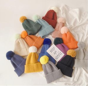 Bébé chaud couleurs unies chapeaux lapin cheveux pompon casquettes enfants enfants protège-oreilles imitation vent bonnet tricoté garçons filles bonnets en laine