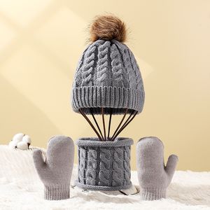 Set van gebreide wintermutsen voor baby's, schattige twist-pompommuts, oneindigheidssjaal en wanten, handschoenen 0-4 jaar oud