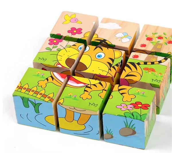 Blocs en bois pour bébés, jouets pour enfants, Cube à Six côtés, puzzle, jeu, animaux, fruits, trafic, connaissance, jouets éducatifs d'apprentissage précoce