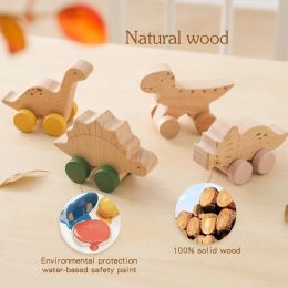 Baby houten Montessori speelgoed Beech houten tyrannosaurus rex dinosaurus auto theether educatief speelgoed kinderen ethering baby cadeau