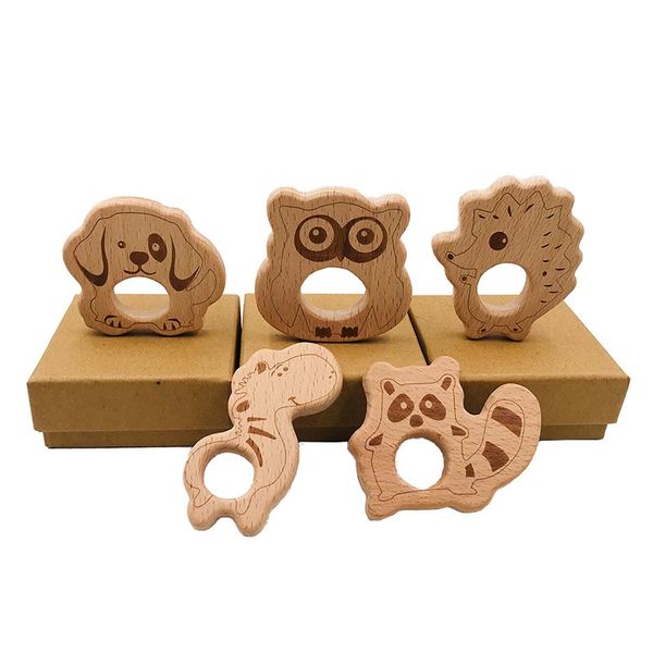 Bébé en bois anneau de dentition Nature soins infirmiers bébé bois jouet de dentition bois hibou chien hérisson forme sucettes à mâcher pendentif bricolage accessoires