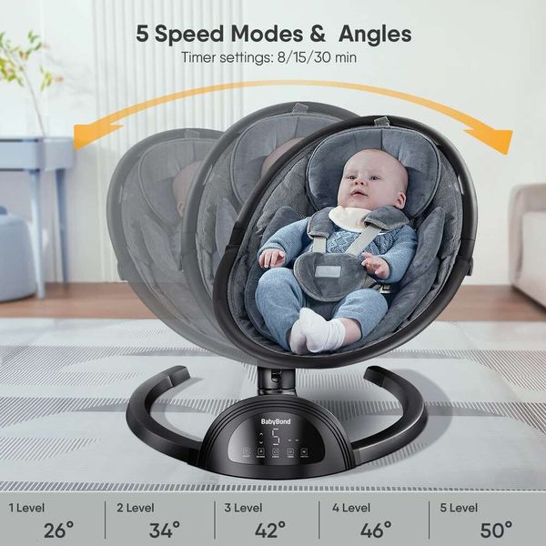 Babybond Bluetooth infante Swing con altavoz de música, 3 asientos, cinturón de arnés de 5 puntos, 5 velocidades y control remoto - Swing portátil para bebés para bebés