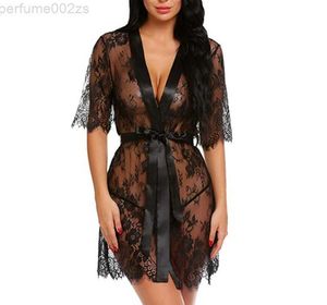 Nuisette érotique en dentelle pour femmes, Lingerie transparente, Sexy, col en v, vêtements de nuit transparents, Cardigan, perspective pour la maison, MQSI