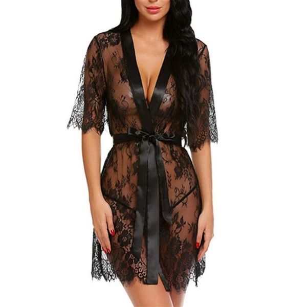 Nuisette érotique en dentelle pour femmes, Lingerie transparente, Sexy, col en v, vêtements de nuit transparents, Cardigan, perspective pour la maison, 2974