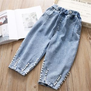 Babyinstar Nouvelle Arrivée Jeans Bleu Pour Enfants Perle Design Enfants Mode Style Denim Pantalon Enfant Filles Pantalon Lâche 210303