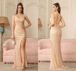 BabyOnline Gold Pools Bridesmeisje formele prom avondjurken dij-high split strappy veter op Open Back Long Train Party Dress CPS1999