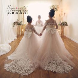 BABYONLINE Robes de fille de fleur à manches longues blanc ivoire pour invité de mariage enfant enfants demoiselle d'honneur dentelle jupe en tulle floral robe de bal 240320