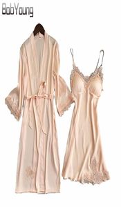 Babyoung 2018 automne femme peignoir en soie pyjamas sexy robes à manches longues set camisole en dentelle nocturne robe robe skirt home pork1806705