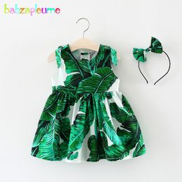 babzapleume pasgeboren baby meisjes kleding 3 jaar zomerjurken mode groene bladeren katoen mouwloze jurk + hoofddeksels BC1701 210312