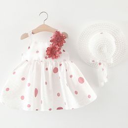 Babzapleume Zomer Outfit Baby Meisje Jurken Leuke Dot Bloem Mouwloos Prinsesje Strand Jurk + Zonnehoed Baby Kleding Set 010