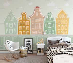 Bacal 3D Mural Wallpaper For Kids Room Cartoon House Geometry Pink Blue Green Boys Girls Bedroom Wall Decor Photo Wall Painting