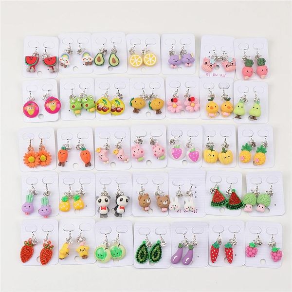 Arrière 50 paires / lots enfants mignons caricatures animaux fruits clip sur boucles d'oreilles pour enfants cadeaux mix bijoux mix style pas percé en gros