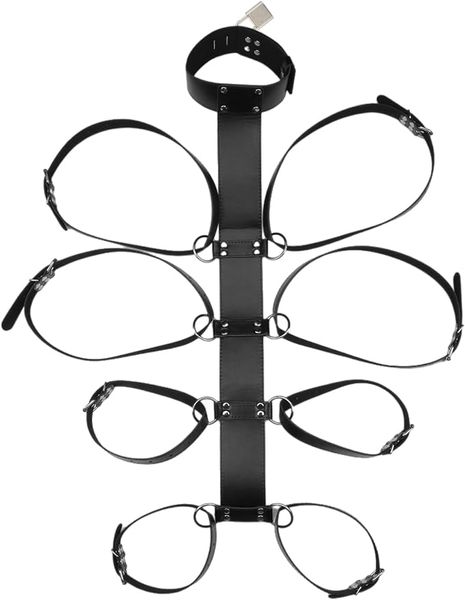 Avalte de espalda Bondage Set con collar, manguitos de mano y brazo de cuero fuertes, collar ajustable con 1 cerradura y 2 llaves, ajuste de restricción para parejas, juguetes sexuales SM BDSM