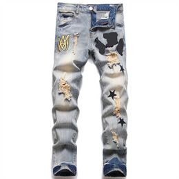 Pantalones vaqueros traseros para hombre, ajustados, de talle medio, para motorista europeo, ajustados, a rayas para motocicleta, de diseñador a la moda, Jeans0maa