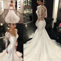 Robe de mariée sirène en dentelle, effet d'illusion, dos nu, col en V, manches longues, boutons couverts, traîne de balayage en Tulle, sur mesure