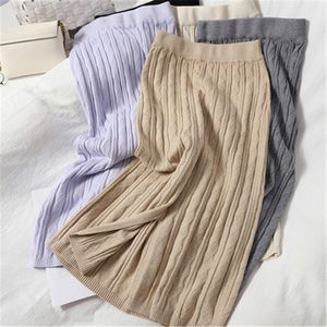 Faldas de lápiz de punto de espalda dividida Mujeres Coreanas Slim Faldas de cintura alta Otoño Elástico Bodycon Streetwear Suéter Falda 210419