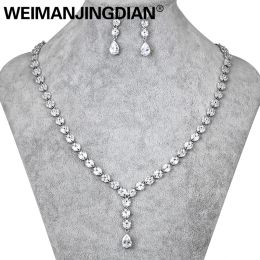 Terug Weimanjingdian Brand Long Drop Cubic Zirconia CZ Crystal Necklace and Earring bruiloft sieraden sets voor bruid of bruidsmeisje