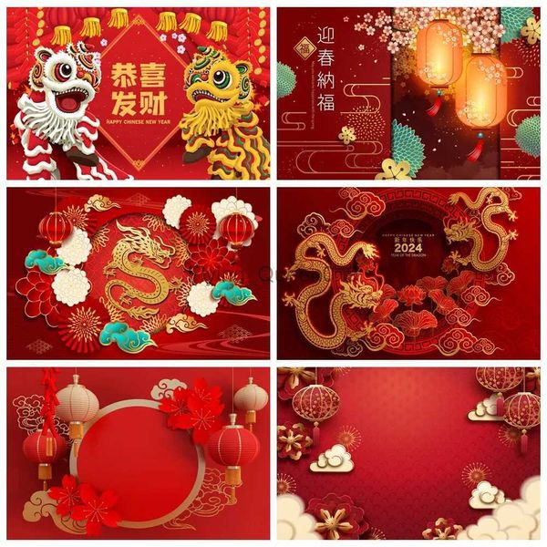 Matériel de fond 2024 bonne année photographie toile de fond Style chinois Dragon rouge lanterne printemps Festival fête Photocall fond décor Banne YQ231003