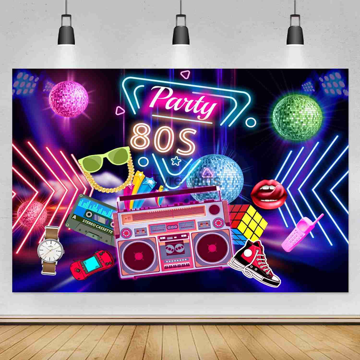 Background Material 80s Party Background Disco Theme Retro Hip Hop Music Broadcast Photography Background Logo 1980 Neon Lights 80s Photography Props X0725