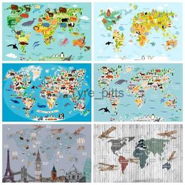 Materiale di sfondo Mappa del mondo del bambino Sfondo Foto Decorazione di compleanno Personalizzato Boy Ocean Shark Landmark Wildlife Party Photo Background x0724