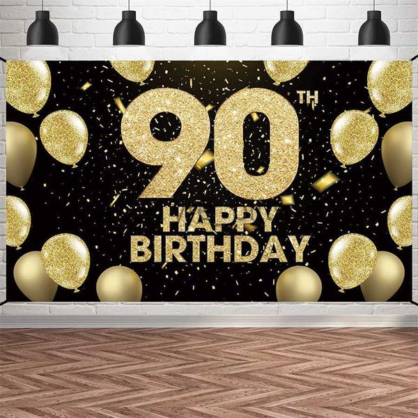 Matériel de fond Joyeux 90e anniversaire fond fête table bannière 90e anniversaire décoration pavillon noir or ballon coloré papier scrap fond x0