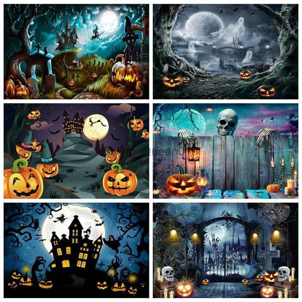 Matériel de fond Joyeux Halloween toile de fond pour la photographie Orange lune citrouille lanterne château cimetière fête d'anniversaire fond pour adultes enfants YQ231003