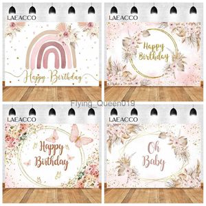 Background Material Laeacco Vinyl Happy Birthday Backdrop For Photography Gold Frame Pink Pampas Grass Flowers Baby Shower Custom Photo Background YQ231003