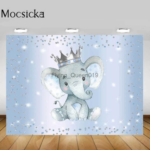 Material de fondo Mocsicka Baby Shower Telón de fondo Niño Elefante azul Corona plateada Fondo de cumpleaños infantil Decoración Accesorios de estudio fotográfico para fotografía YQ231003