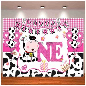 Achtergrondmateriaal Pink Bull Banner Happy First Birthday Party Decoration Achtergrond Meisje Farm Animal Baby Shower Benodigdheden Achtergrond x0724