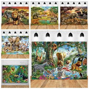 Achtergrondmateriaal Tropisch Bos Dieren Achtergrond Doek Wilde Leeuw Olifant Giraffe Zebra Achtergrond Jungle Safari Happy Birthday Party Decor YQ231003