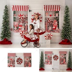 Matériel de fond Hiver Bonbons Boutique Toile de fond Noël Sweet Girls Enfants Portrait pour P o Studio Arbres de Noël Rétro Blanc Bois Décor 221111