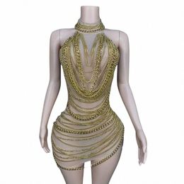 Backl Gold Drill Chain Sparkly Rhineste Ver a través de Mini Dr para mujeres Sleevel Drag Queen Outfit Celebrate Club Wear C6vL #