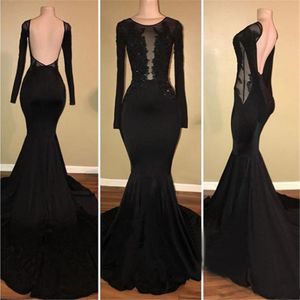 Backless Black Mermaid Lange mouwen Prom Dress 2019 Nieuwe Ontwerp Illusie Applicaties Beaded Elastische Satijn Lange Avondjurken Robe de Soiree