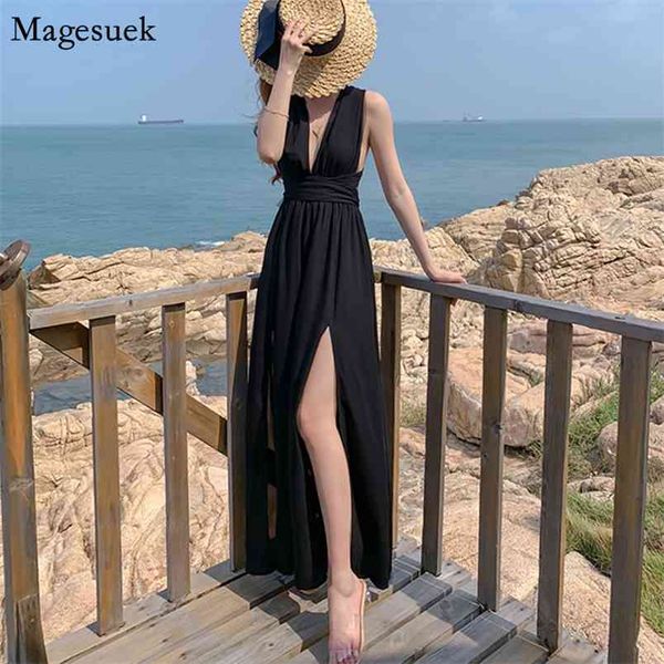 Dos nu noir fendu Sexy été robe en mousseline de soie femmes plage Style vacances longue es pansement femme Vestidos 13235 210512