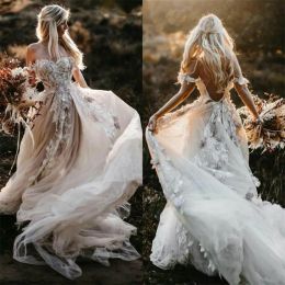 Vestido de novia de Boho sin espalda D Vestidos de novia de la playa de verano aplicado fuera del hombro Tul ama de encaje Dama al aire libre Vestidos de matrimonio