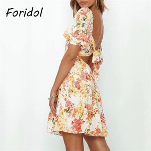 Backless Bownot Summer Dress Dames Floral Print Sun Vrouwelijke elegante Mini Vestidos Koreaans 210427