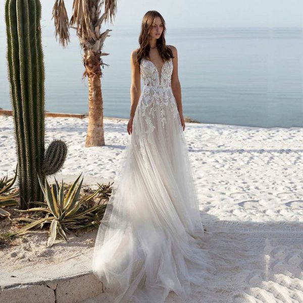 Robe de mariée classique, dos nu, avec traîne de balayage, sans manches, avec des appliques, à la mode, décolleté en v profond, Spaghetti, ligne a, Tulle