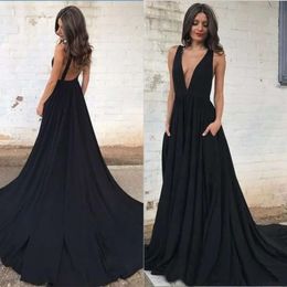 Backless jurken prom zwart sexy plunging v nek chiffon sweep trein op maat gemaakte eenvoudige plus size avond feestjurken formele ocn slijtage