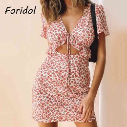 Backless Floral Print Summer Dress Lace Up Holle Out Mini Beach Sundress Beach Boho Jurken Vestidos Mujer 210415