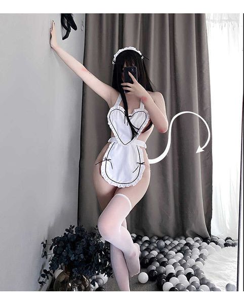 Dos nu à lacets femmes Sexy Lingerie mignon Kawaii licou femme de chambre Costume Cosplay beau tablier jeu de rôle Anime tentation robe Y0913